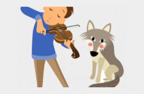 Boy playing the violin to a wolf.