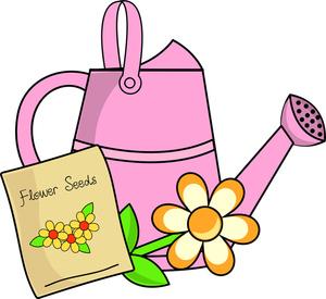 water can, seed pack, and flower