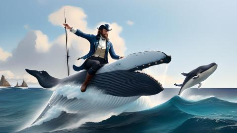 Image of a boat captain riding a whale in the ocean