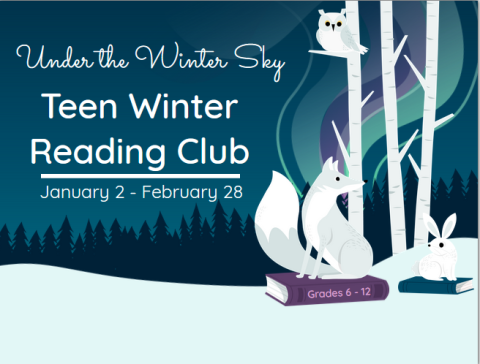 logo for winter reading club with fox, rabbit and owl image