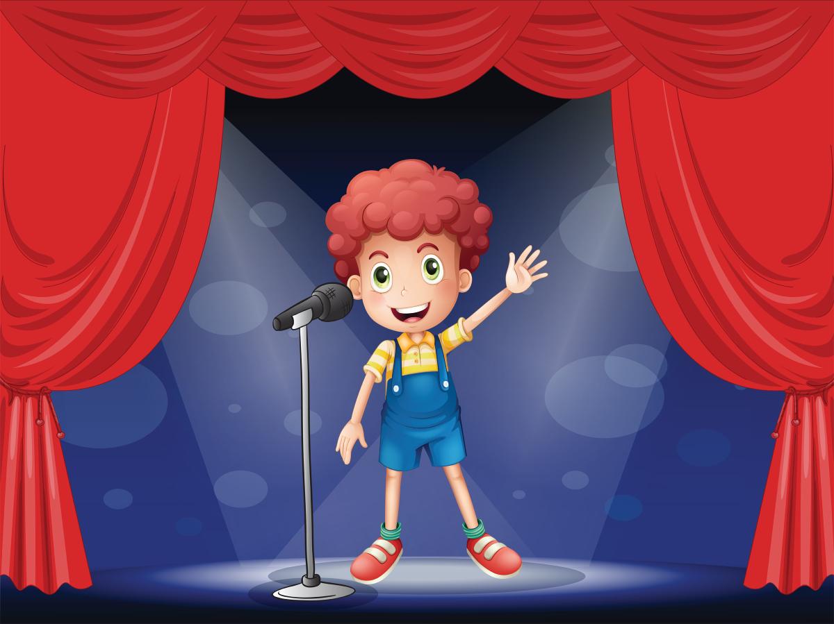 Child on stage with microphone.