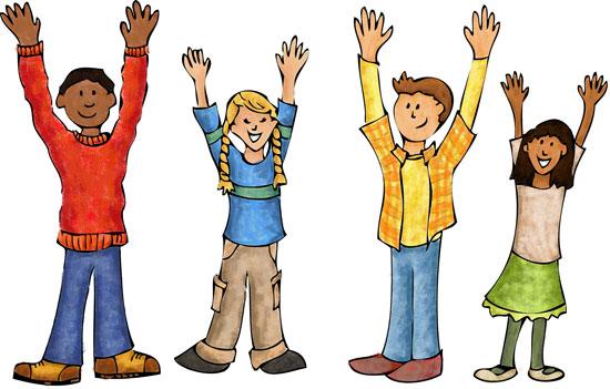 Children with their arms raised as if playing Simon Says.